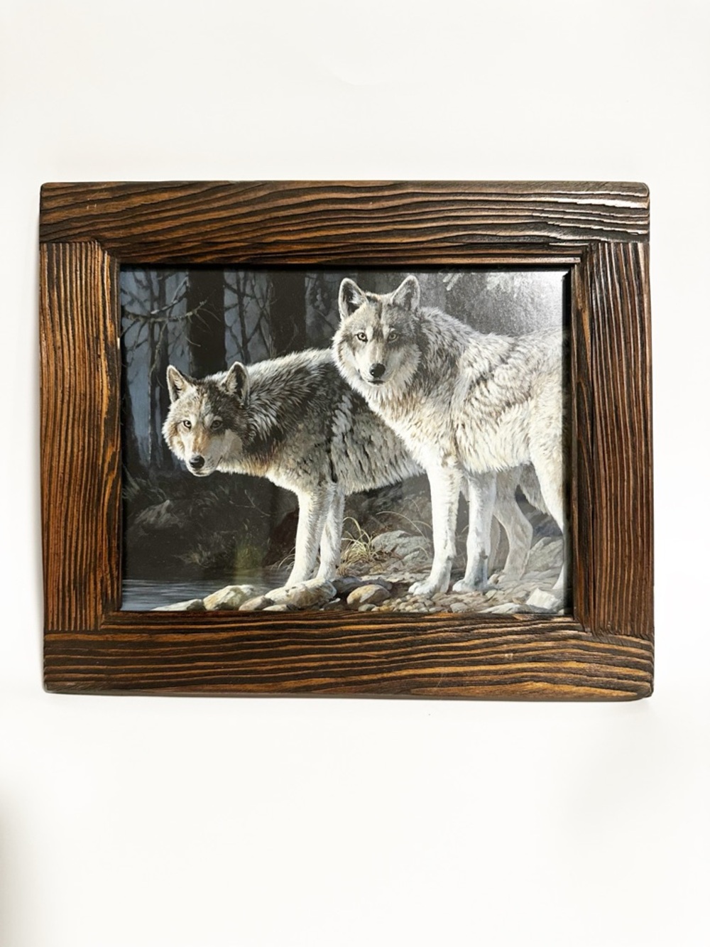 Rustic Brown Wooden Picture Frame Handcrafted Wolf Wilderness Cabin Art Decor